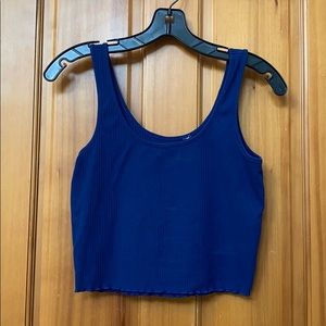 royal blue ribbed crop top with lettuce edge hem